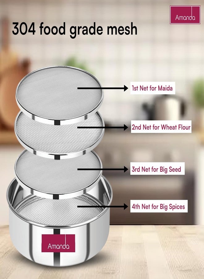 Amanda Stainless Steel 4 in 1 Interchangeable Sieves | Premium 304 Quality Stainless Steel| Size - 8 (Diameter - 19cms) | Atta, Wheat, Rice & Maida Chalni | (Size 9(Diameter - 21cms)) - Image 3